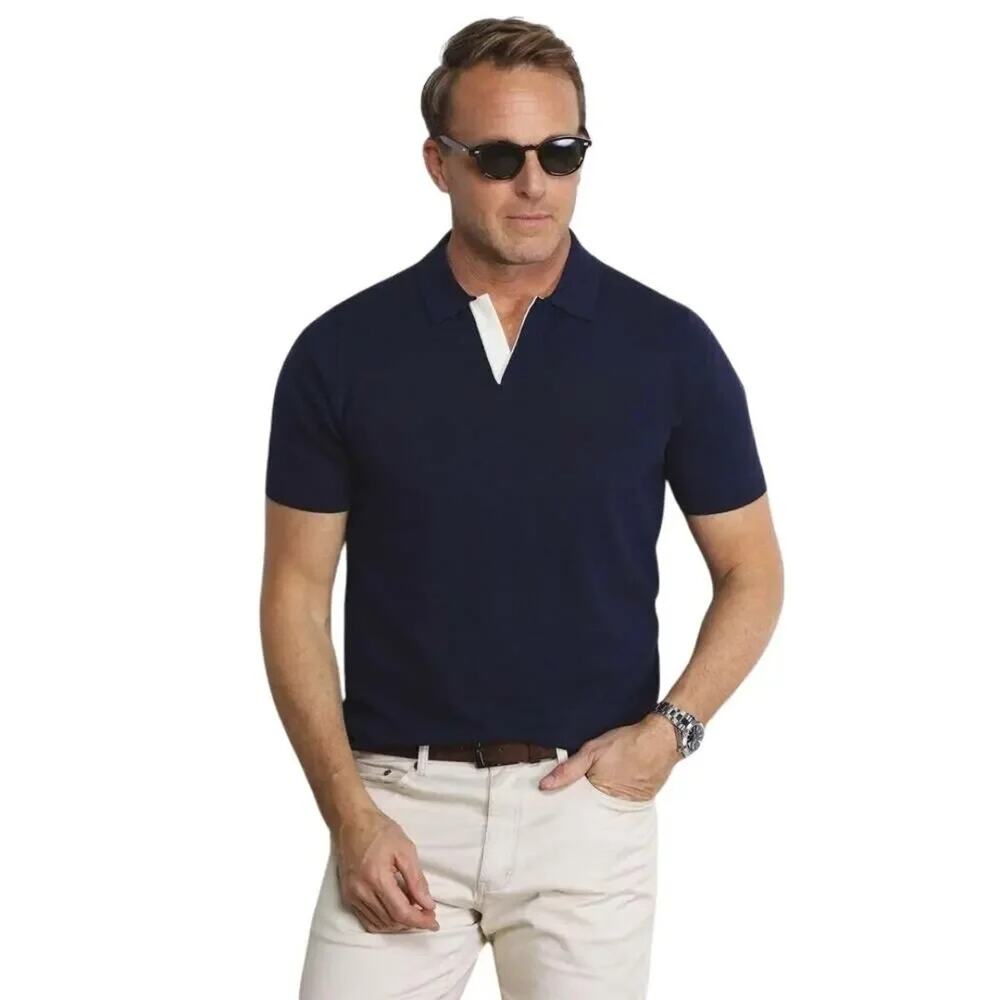 NWT COLLARS & CO Maranello Contrast Split Collar Cotton Polo Navy Blue White L